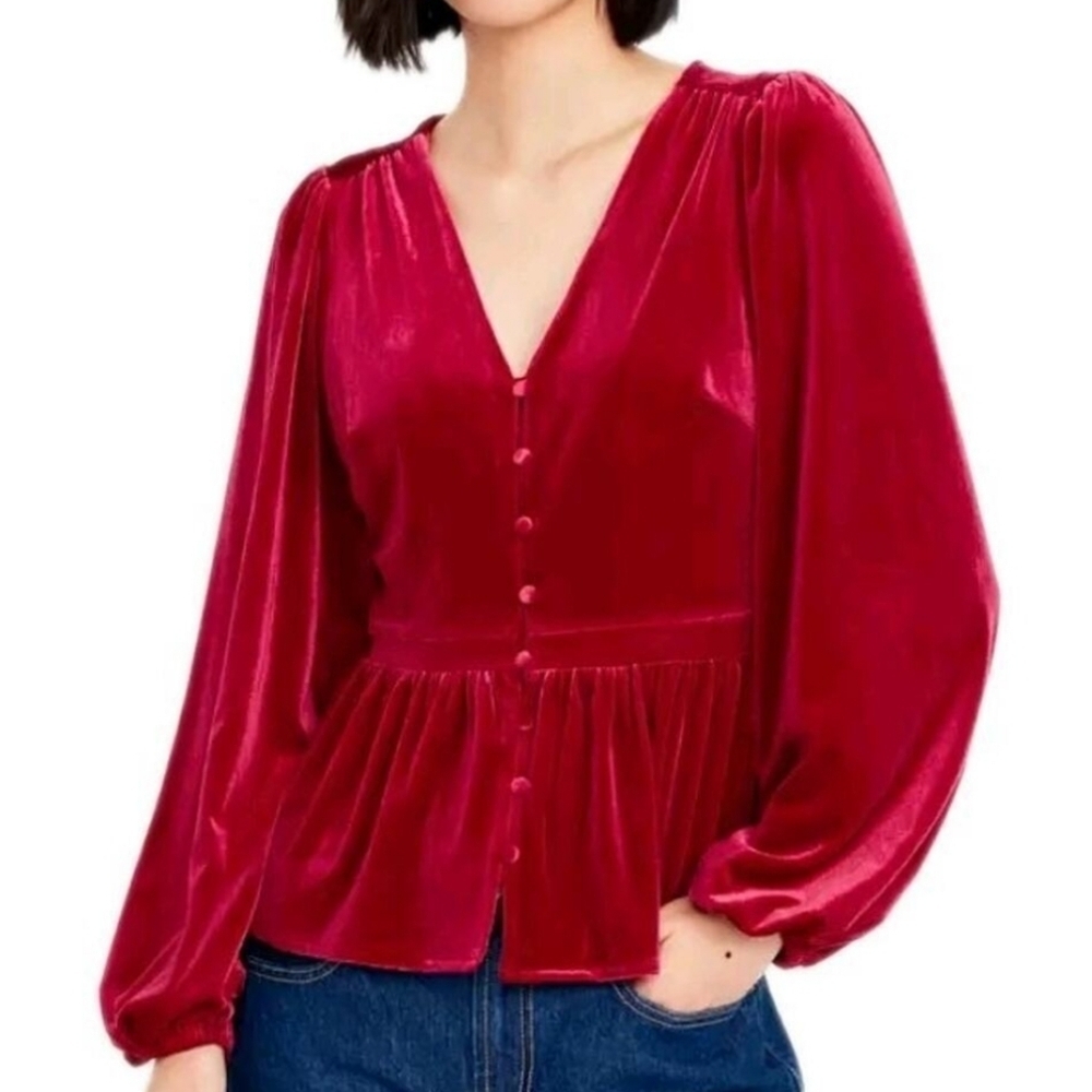 Old Navy Red Velvet Blouse V Neck Peplum Button Down Holiday Long Sleeve